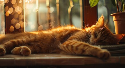 An orange cat sleeping on the windowsill. - Powered by Adobe