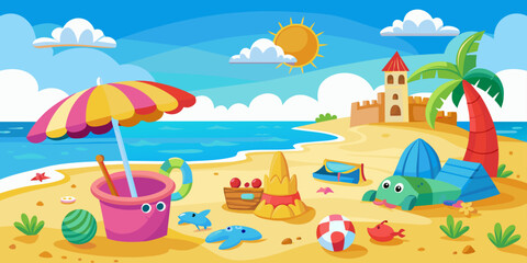 Obraz premium Cartoon beach scene with umbrella, sandcastle, and toys. Flat illustration. Summer vacation and beach fun concept. Design for banners, posters, print