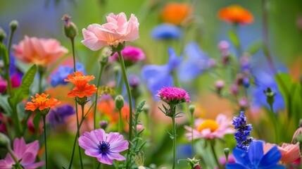 Fototapeta premium Vibrant wildflowers bloom in pink purple blue background