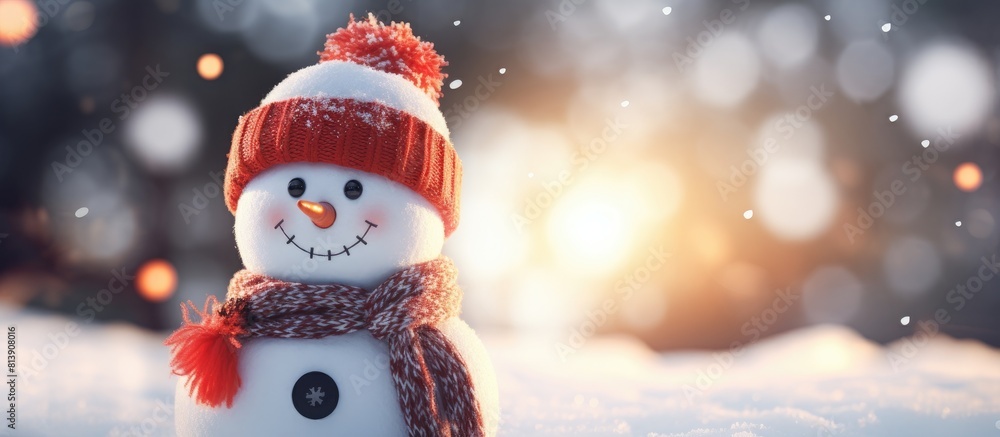 Poster celebrate the new year with a festive snowman against a christmas background creating a joyful and c