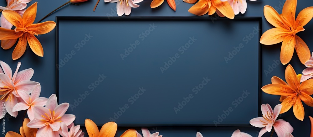 Poster top view of a flat lay arrangement featuring orange petals arranged around a photo frame against a b