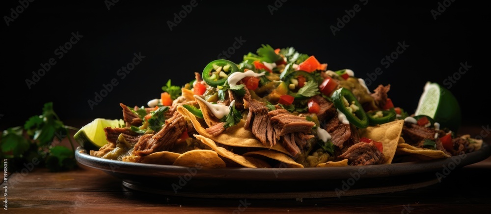 Aufkleber a plate of carne asada nachos with a closeup view featuring a cut off on the right side within the f