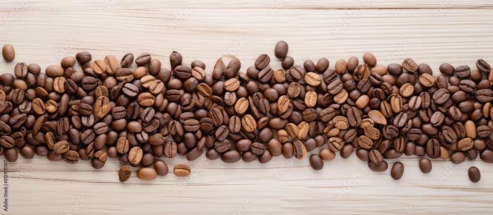 Poster the coffee seed group is positioned on the left side of a white wooden table with a pattern as seen 