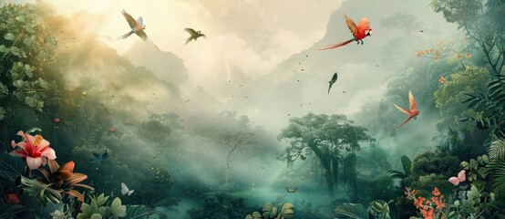 3D wallpaper jungle with flying birds, tropical plants and flowers. Landscape with green trees, misty clouds, exotic animals, red parrots and butterflies. Vintage illustration