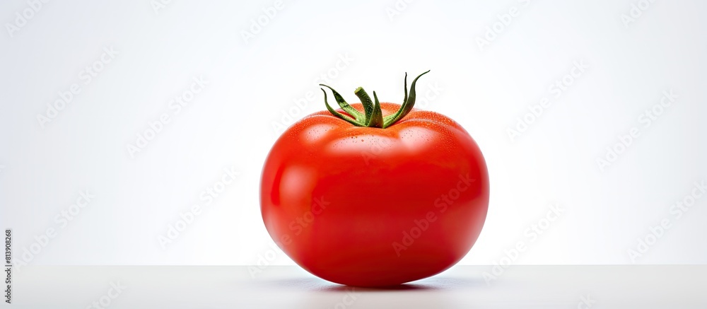 Poster copy space image showing a tomato on a plain white backdrop