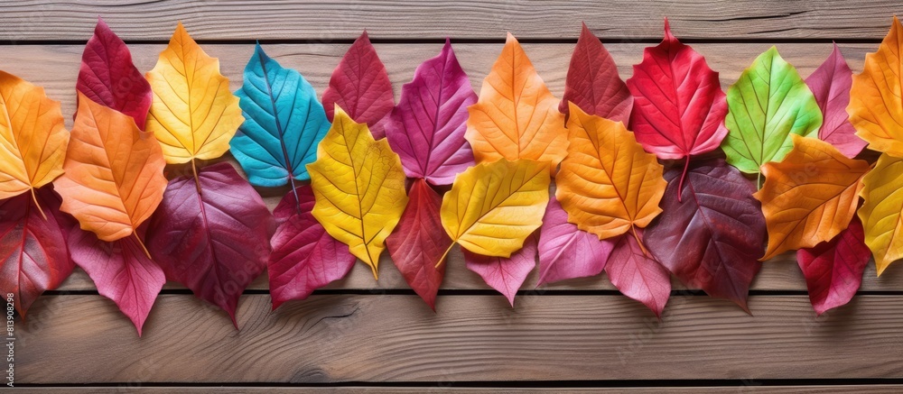 Poster top view of colorful plastic autumn leaves arranged on an old wooden floor creating a vibrant and ey