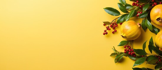 A flat lay of pomegranate branches showcasing vibrant green leaves and budding fruit on a yellow background Ample copy space available