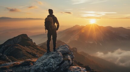 Fototapeta premium A man is standing on a mountain top with a backpack on
