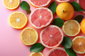 Pattern of summer citrus on pink background, 3d render, top view 