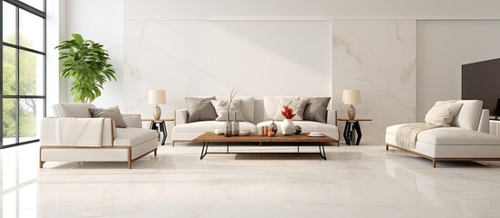 An empty modern living room with elegant marble tiles pristine white walls and chic furnishings No one to occupy the space in the image. Copy space image. Place for adding text and design