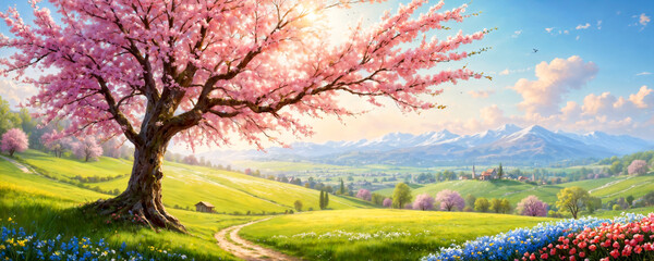 A serene spring landscape with blooming trees. The path runs away into the distance, giving a feeling of peace.
