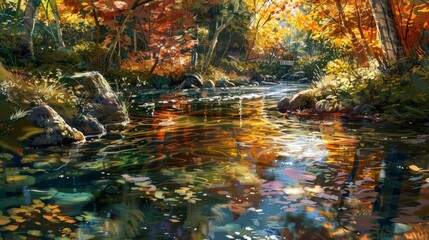 Streams in sun-dappled glade reflect foliage background