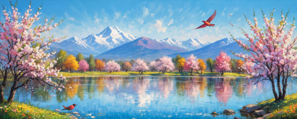 A colorful spring painting with blooming trees in pink tones growing along the shores of a calm mountain lake.