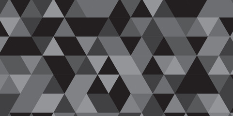	
Abstract geometric black and gray background seamless mosaic and low polygon triangle texture wallpaper. Triangle shape retro wall grid pattern geometric ornament tile vector square element.