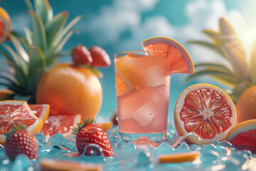 Transparent glass with orange cocktail placed near slice of orange on edge of swimming pool with blue clear water representing, concept of summer vacation, 3d render - Powered by Adobe