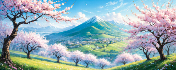 A serene spring landscape with blooming rose trees. The path runs away into the distance, giving a feeling of peace.