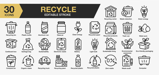 Set of 30 Recycle icon set. Editable Stroke Icon Collection. Includes water pure, plastic bottle, battery, waste audit, recycling truck and More. Outline icons vector collection.