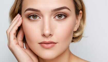 Fototapeta premium Portrait of a young woman with a serene expression. Her blonde hair is neatly styled, accentuating her clear skin, and subtle makeup accentuating her natural beauty.