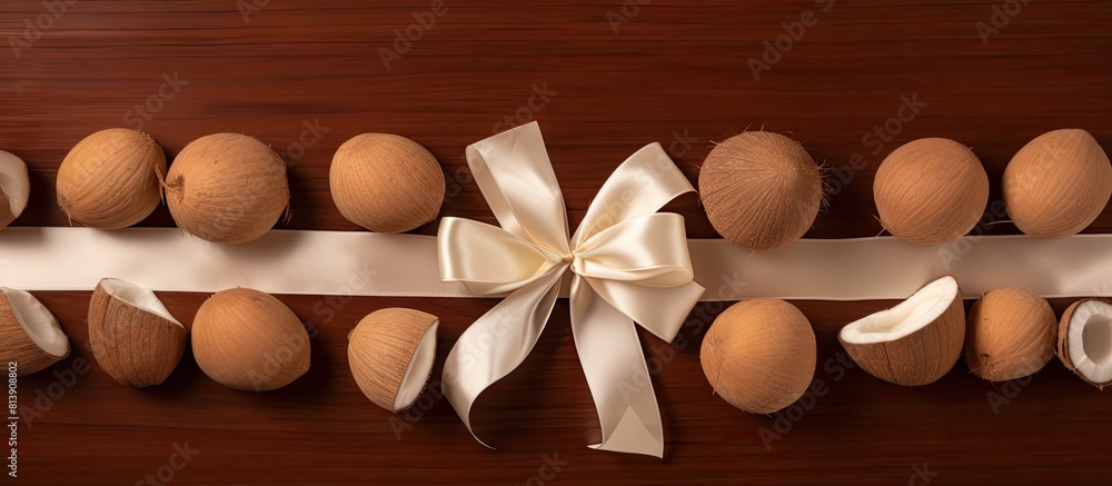 Poster a top view image of coconut halves and ribbon arranged on a brown background with ample copy space