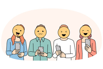 Diverse people with emojis on heads using cellphone texting online. Men and women with emoticons on faces chat message on smartphones on internet. Vector illustration.