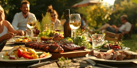 Backyard dinner table filled with food for a family celebration with wine and grilled meats