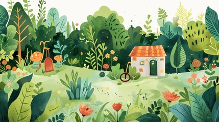 A digital illustration showcasing a whimsical garden scene from a worms-eye view