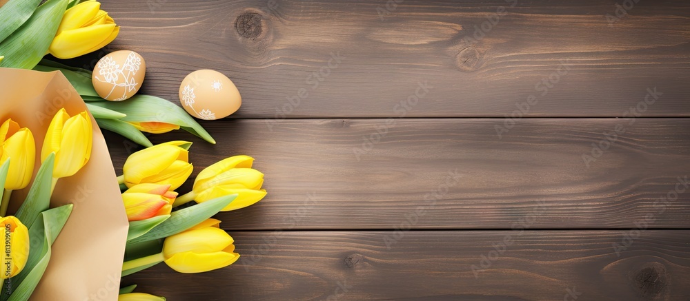 Poster a top view of yellow tulips arranged in a paper bag with an easter egg nest on a wooden background t