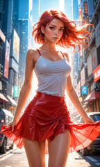 A stylish woman with blond hair strides confidently through a sunny, urban setting, her red dress catching the breeze.Anime style