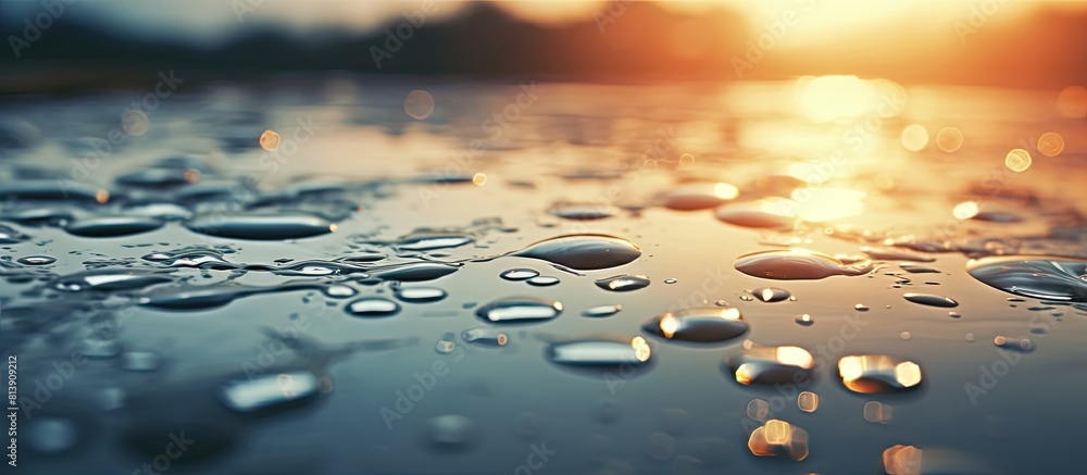 Poster outdoors raindrops gracefully descend into a puddle creating a captivating copy space image