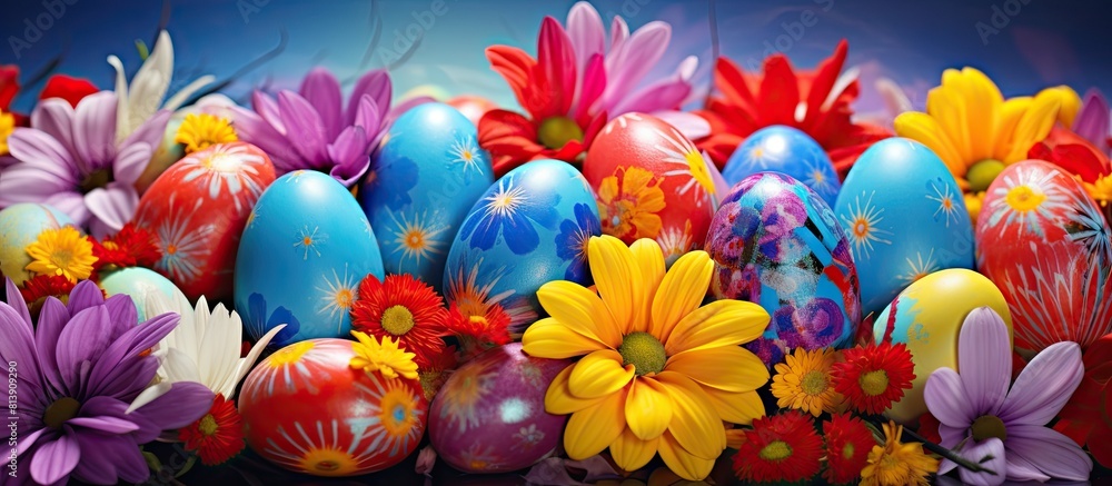 Poster Colorful background with painted Easter eggs and flowers providing copy space image