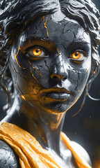 Close-up of a woman with striking golden cracked face makeup.close up of a black stone marble statue with black cracks