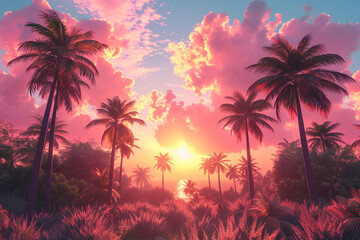 Obraz premium Palm trees during pink sky sunset, bottom view