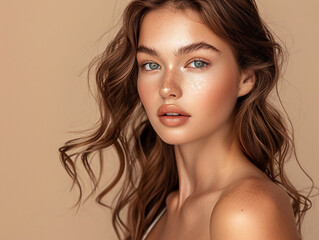 Naklejka premium Portrait shot of a beautiful tan skin woman with a natural and glowing makeup look. Generative AI