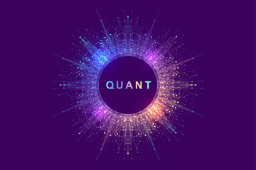 Scientific vector illustration quantum computer technology. Plexus fiction effect. Deep learning artificial intelligence. Big data algorithms visualization. Quantum explosion background.