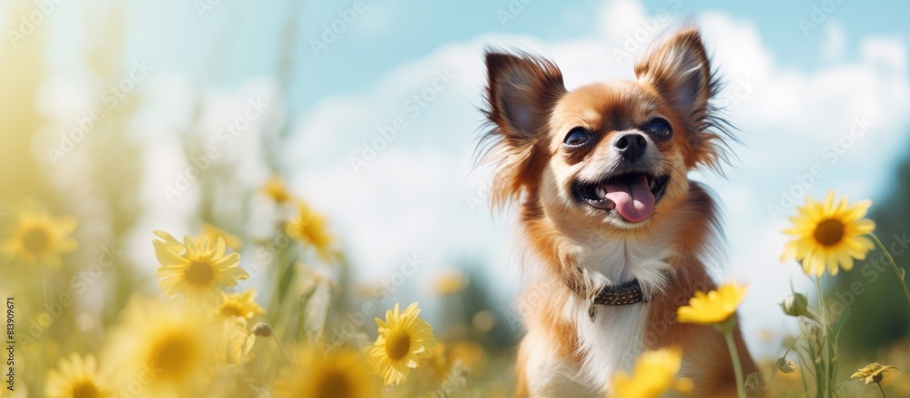 Poster in an outdoor setting a cute chihuahua dog is captured in a close up portrait with a smile on its fa