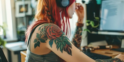 tattooed woman working on laptop computer - young entrepreneur working in a small business