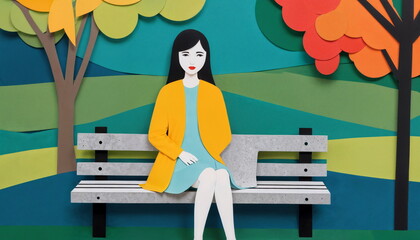 A woman with a stylish dress sits alone, contemplatively on a wooden bench, set against a vibrant backdrop of whimsical, colorful trees.Paper applique