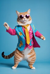 A ginger cat stands on hind legs mid-dance, wearing a Hawaiian shirt and red sunglasses against a blue background.