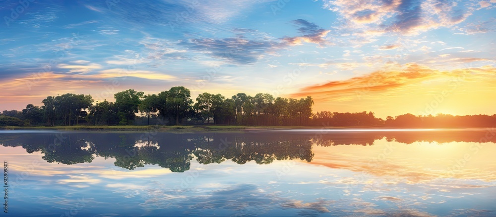 Poster in the morning the sunlight and trees cast their reflections on the water creating a picturesque sce