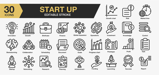 Set of 30 Start up icon set. Editable Stroke Icon Collection. Includes market time, finance, idea, schedulling, goals and More. Outline icons vector collection.