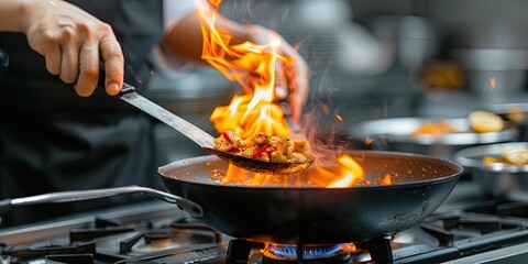 professional chef making flambé with fire in pan