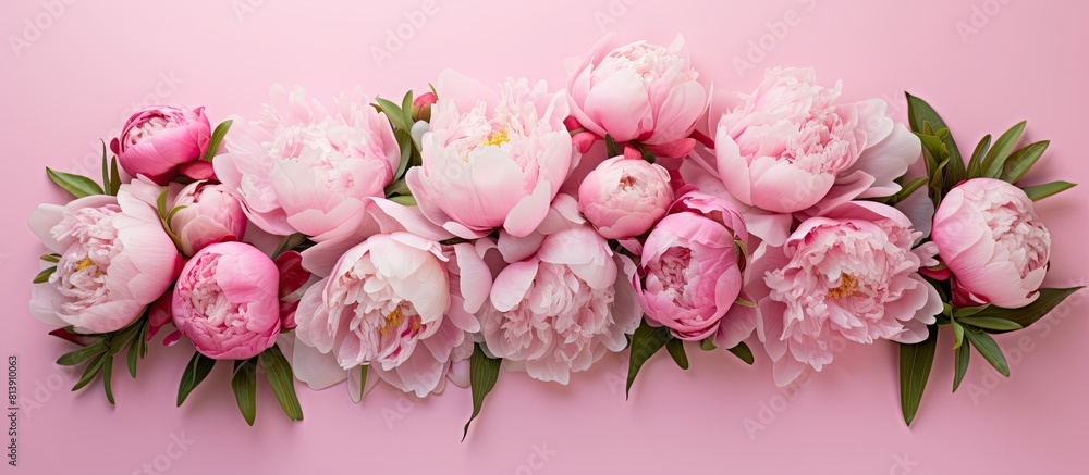 Poster top view of a beautiful bouquet of mixed peonies isolated on a pink background the composition is pr