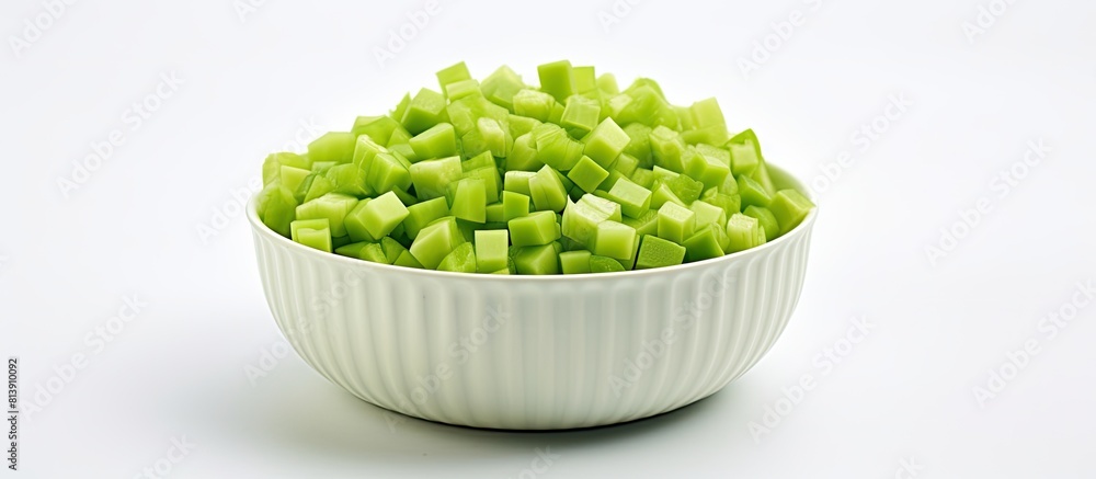 Poster a top down view of a bowl containing diced celery placed on a white table with a plain background th