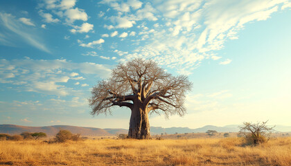 The grandeur of a centuries-old baobab tree in an arid landscape, its massive trunk and sparse branches telling a story of endurance