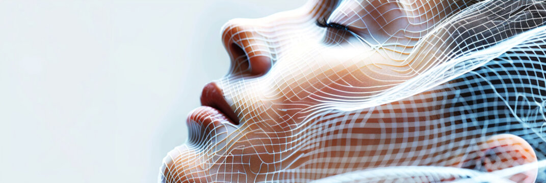 Woman, face and relax in skincare technology on mockup space in hygiene, dermatology or skin map.
