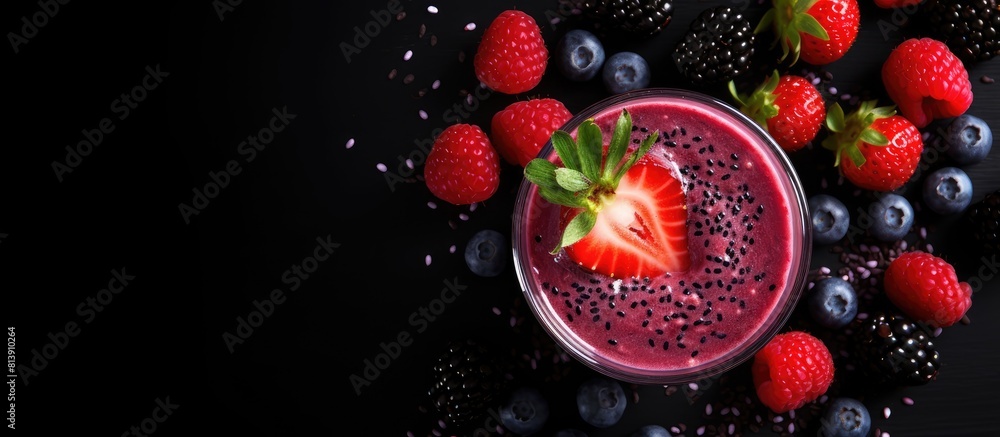 Poster top view of a dark background with a copy space image featuring a berry smoothie enriched with chia 
