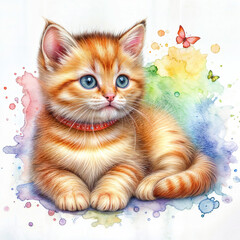 Isolated ginger kitten with butterflies in watercolor style on white background 