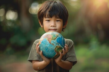 A thoughtful young boy in a natural setting holding a globe, looking hopeful. The image captures a moment of curiosity about the world, international childrens day