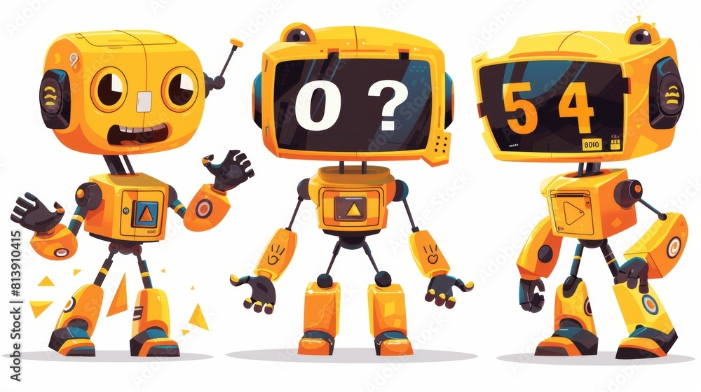 Poster 404 error message with question mark, a yellow funny smart conversation robot and a hand gesture wav