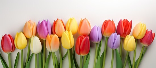 Tulips arranged in a picturesque composition with a blank space for an image. Copy space image. Place for adding text and design